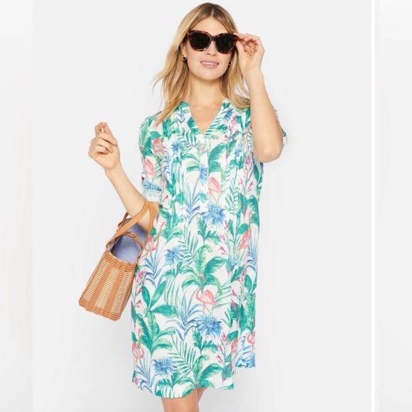 J McLaughlin Riviera Linen dress Flamingo Palm Linen Pleated V Neck Dress M - Picture 1 of 12